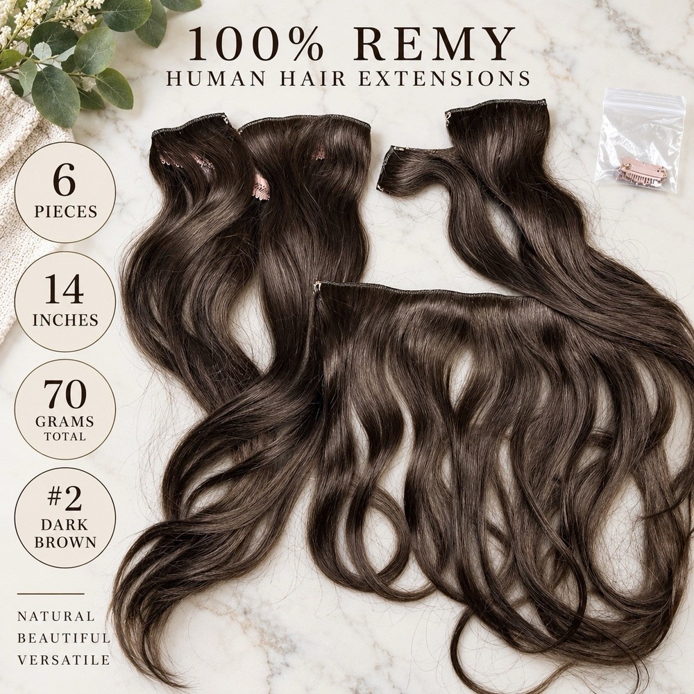 Remy Human Hair Clip In Extensions Dark Brown #2 – 6 Pieces – 14 Inch